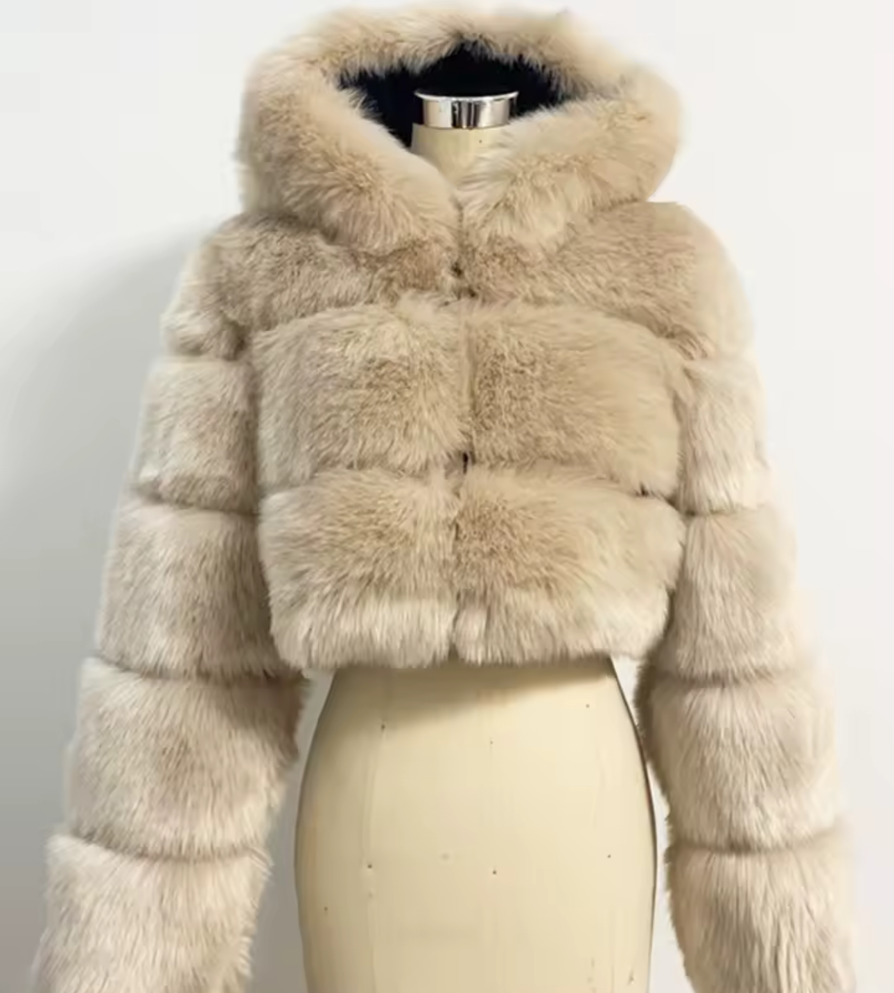 Beige Hooded Faux Fur Outerwear Jacket