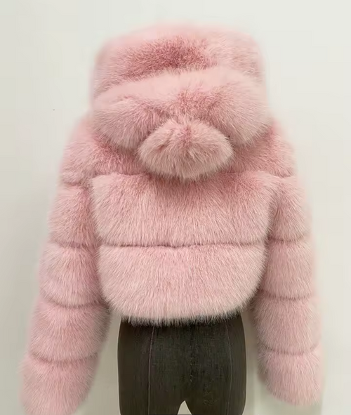 Baby Pink Hooded Faux Fur Outerwear Jacket